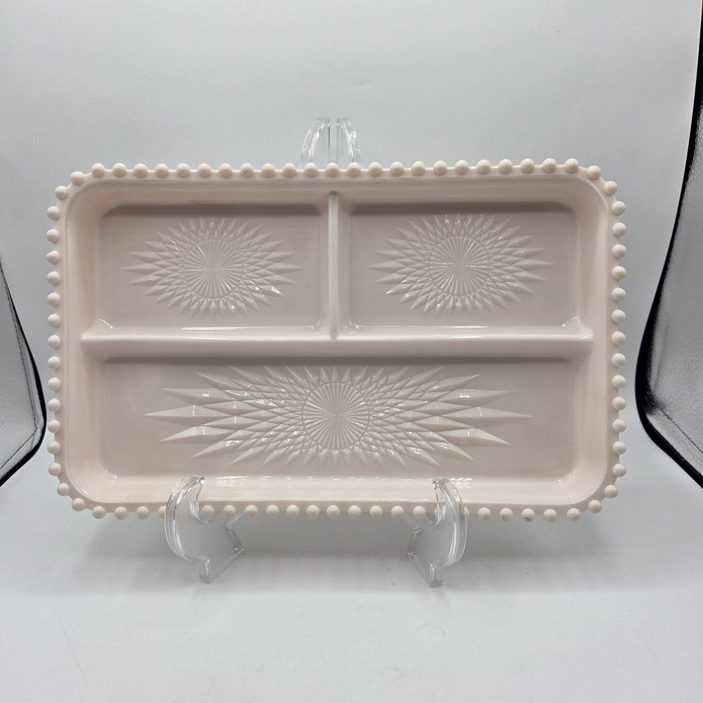 Vintage Jeanette Milk Glass Shell Pink Relish Vanity Tray Sunburst Pattern
